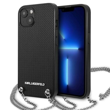KARL LAGERFELD Zaštitna maska Leather Textured & Chain, s lančićem, za iPhone 13 mini 5,4", crna